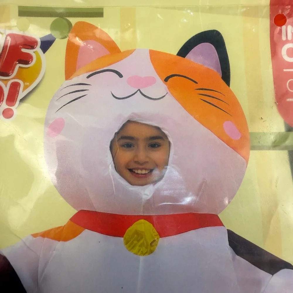 Puff Me Up! Inflatable Costume Kids 7-10 Calico Cat Full Body Blow Up Outfit NEW
